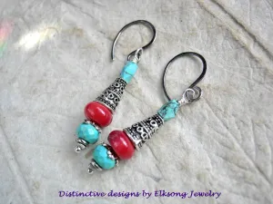 Simple Gemstone Drop Earrings, Coral, Natural Turquoise & Silver