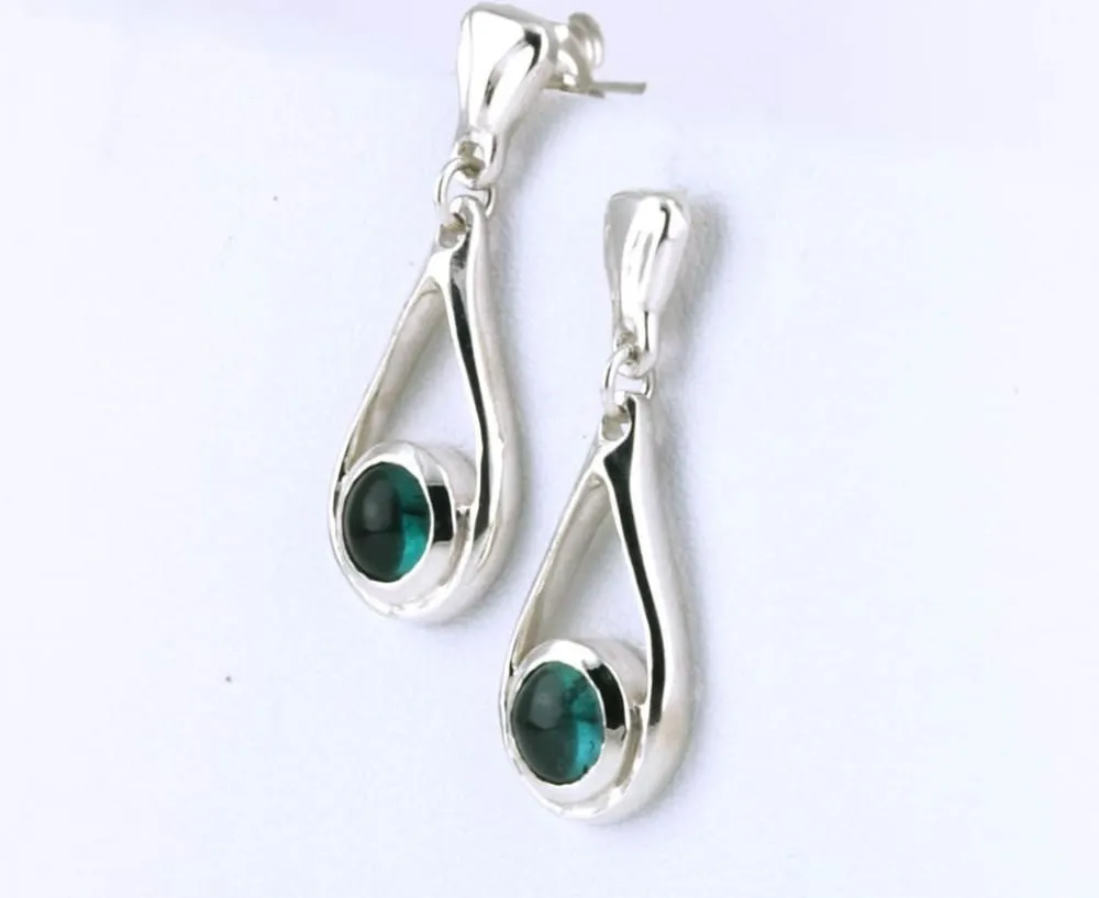 Small Drop Blue Green Tourmaline Earrings: Sterling Silver Dangle Studs