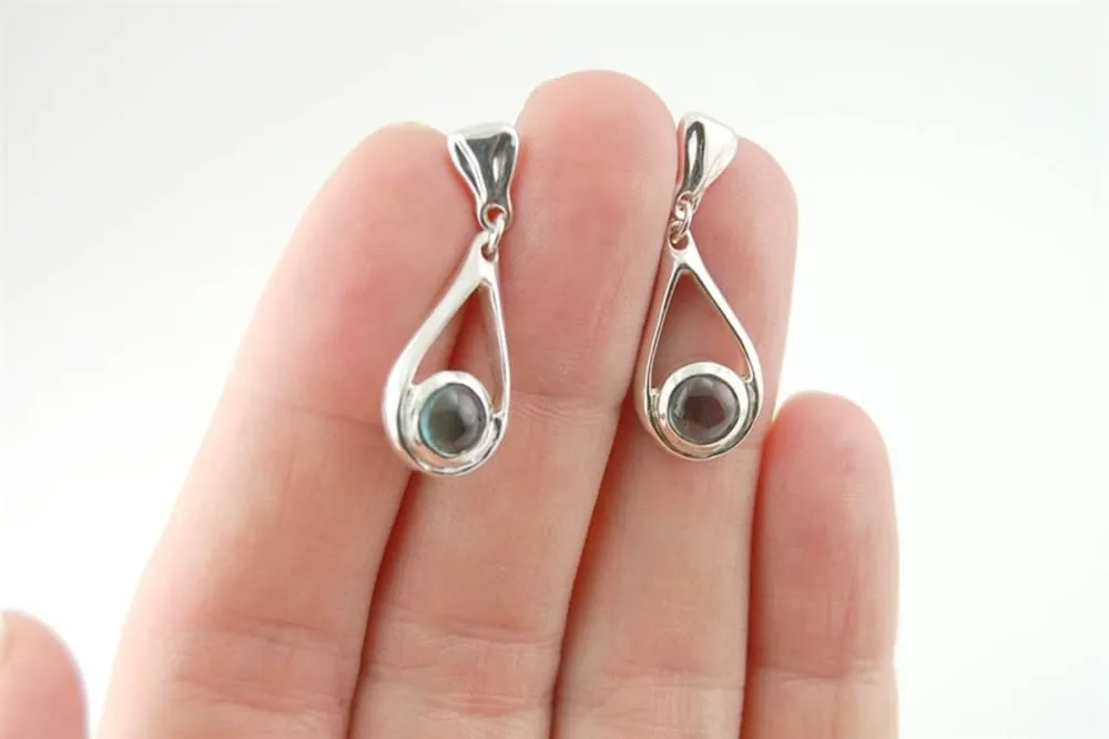 Small Drop Blue Green Tourmaline Earrings: Sterling Silver Dangle Studs