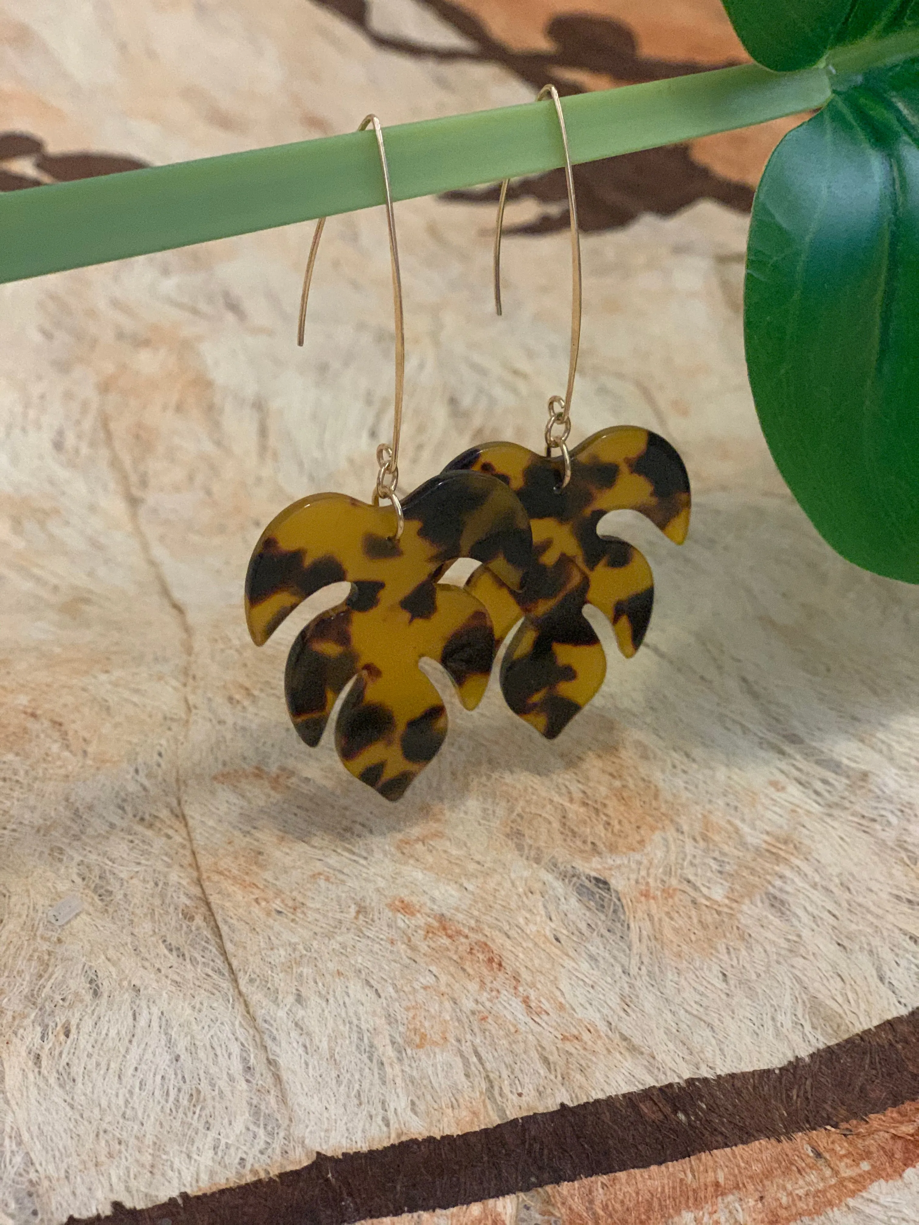 Tortoise Monstera Leaf Earrings