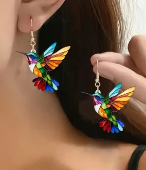 Vibrant Mosaic Acrylic Hummingbird Fishhook Earrings - A Symphony of Color and Nature
