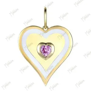 White Enamel Pink Sapphire Heart Pendant 20mm