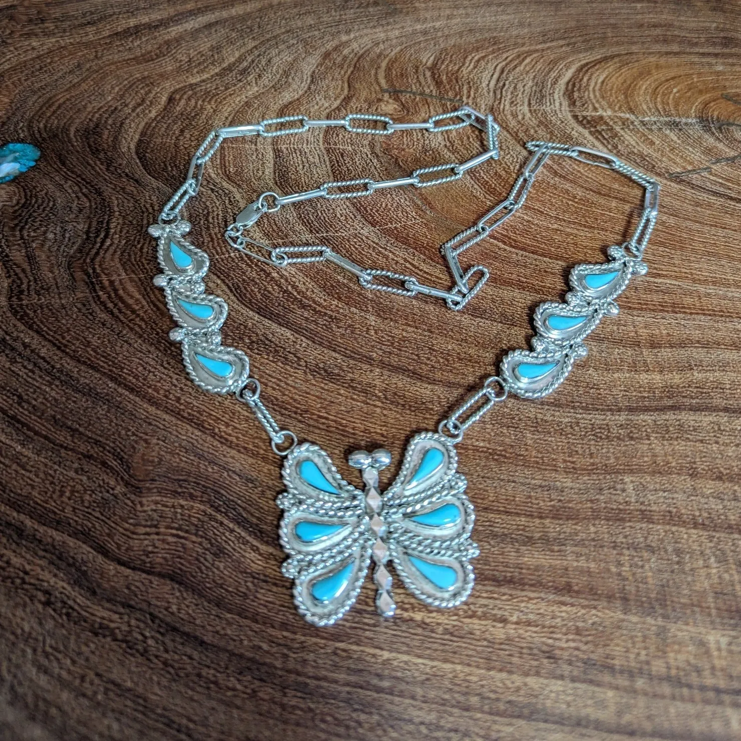 Zuni Made Sterling Silver & Turquoise Butterfly Pendant Set with Earrings & Ring GJ-JWS-0009