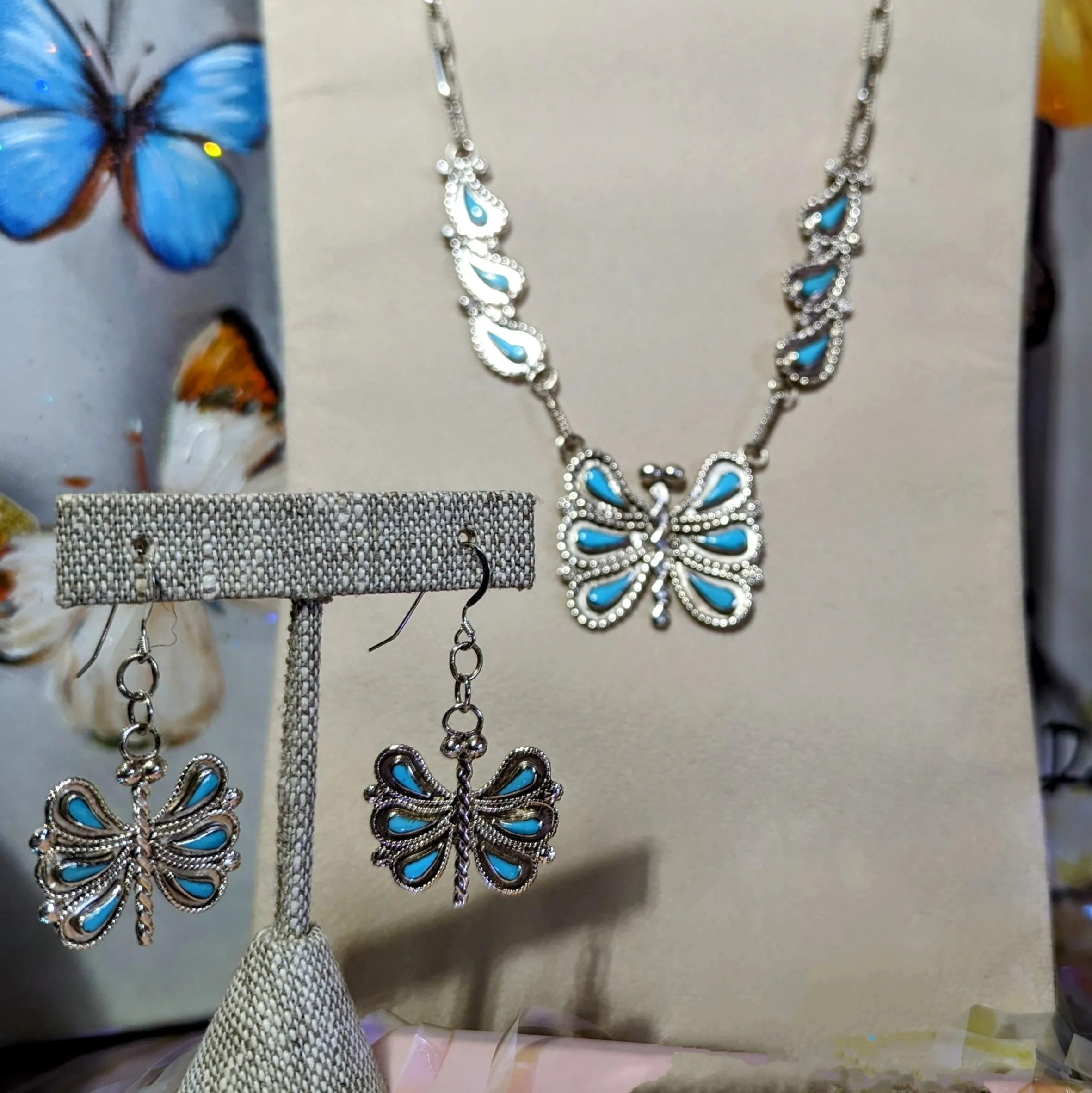 Zuni Made Sterling Silver & Turquoise Butterfly Pendant Set with Earrings & Ring GJ-JWS-0009