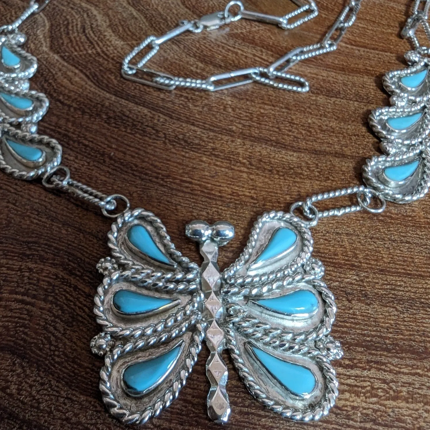 Zuni Made Sterling Silver & Turquoise Butterfly Pendant Set with Earrings & Ring GJ-JWS-0009